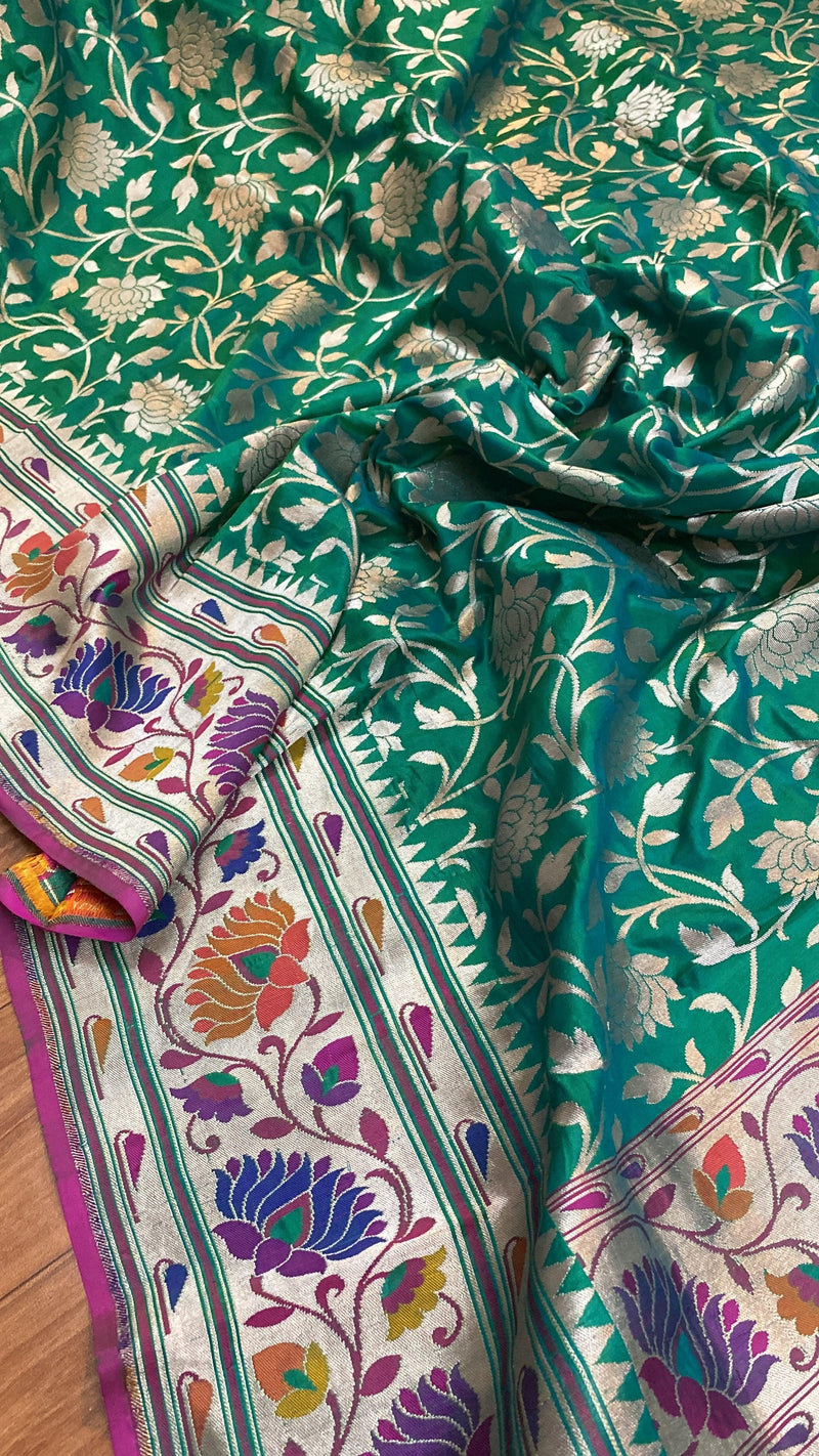 Green Pure Banarasi Katan Silk Handloom Kadhwa Paithani Saree by Shades Of Benares - banarasi - banarasi saree shop