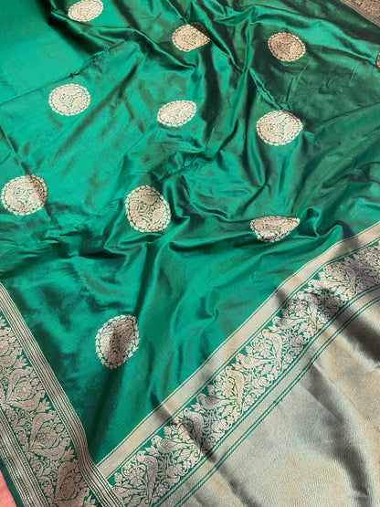 Green Pure Banarasi Katan Silk Handloom Saree- Kadhwa Figures by Shades Of Benares - banarasi - banarasi saree shop