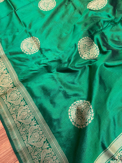 Green Pure Banarasi Katan Silk Handloom Saree- Kadhwa Figures by Shades Of Benares - banarasi - banarasi saree shop