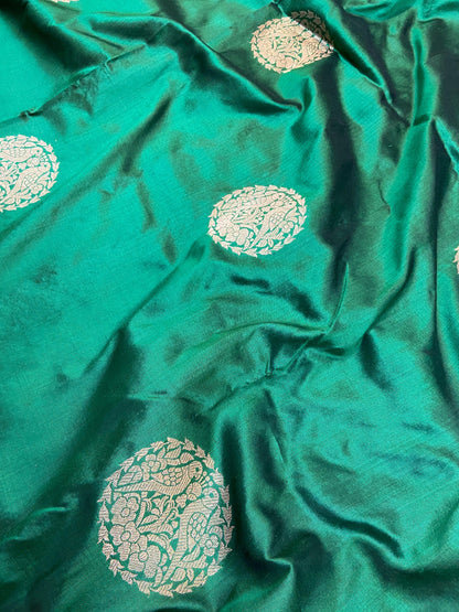 Green Pure Banarasi Katan Silk Handloom Saree- Kadhwa Figures by Shades Of Benares - banarasi - banarasi saree shop