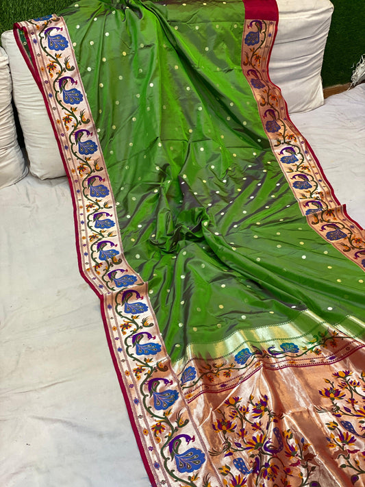 Green Pure Banarasi Katan Silk Handloom Saree- Kadhwa Paithani by Shades Of Benares - banarasi - banarasi saree shop