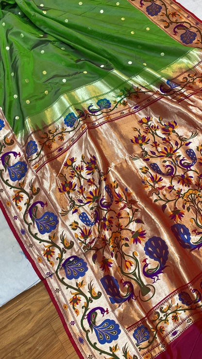 Green Pure Banarasi Katan Silk Handloom Saree- Kadhwa Paithani by Shades Of Benares - banarasi - banarasi saree shop