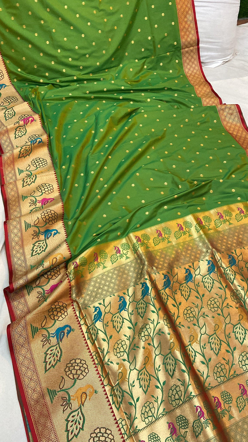 Green Pure Banarasi Katan Silk Handloom Saree- Paithani by Shades Of Benares - banarasi - banarasi saree shop