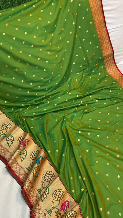 Green Pure Banarasi Katan Silk Handloom Saree- Paithani by Shades Of Benares - banarasi - banarasi saree shop