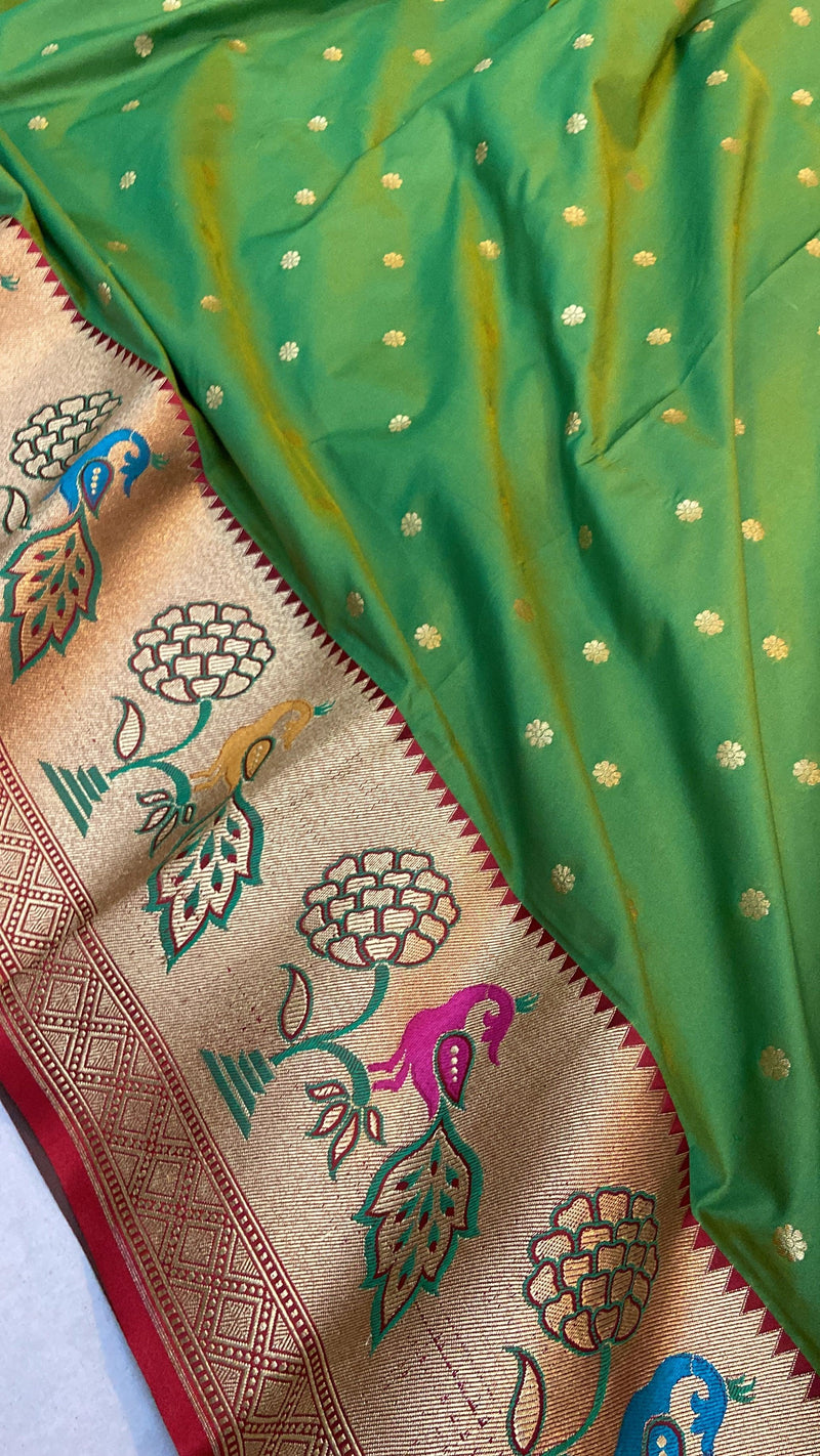 Green Pure Banarasi Katan Silk Handloom Saree- Paithani by Shades Of Benares - banarasi - banarasi saree shop