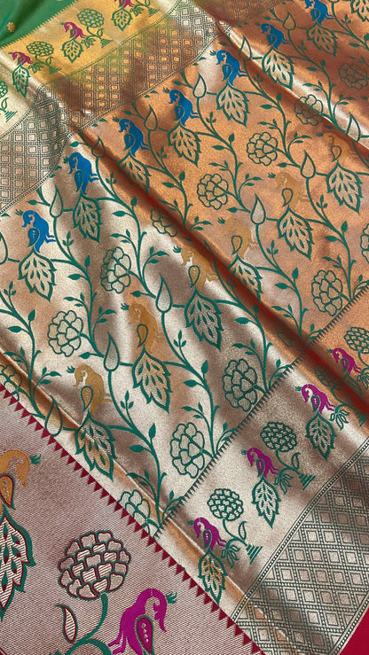 Green Pure Banarasi Katan Silk Handloom Saree- Paithani by Shades Of Benares - banarasi - banarasi saree shop