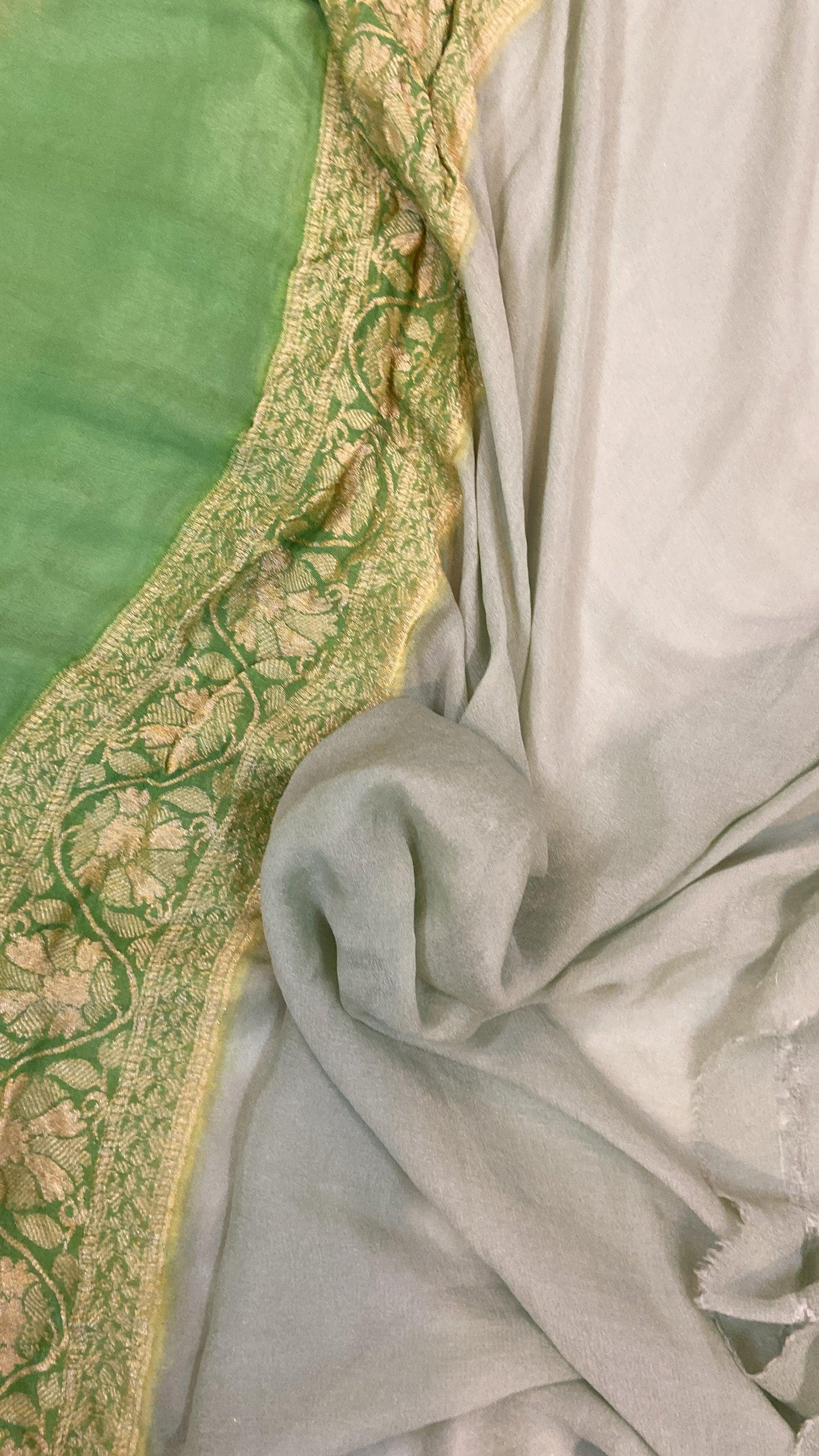 Green Pure Banarasi Khaddi Georgette Handloom Saree - Rangkaat by Shades Of Benares - banarasi - banarasi saree shop