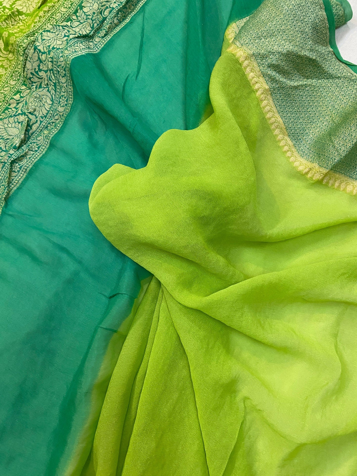 Green Pure Banarasi Khaddi Georgette Handloom Saree - Rangkaat by Shades Of Benares - banarasi - banarasi saree shop