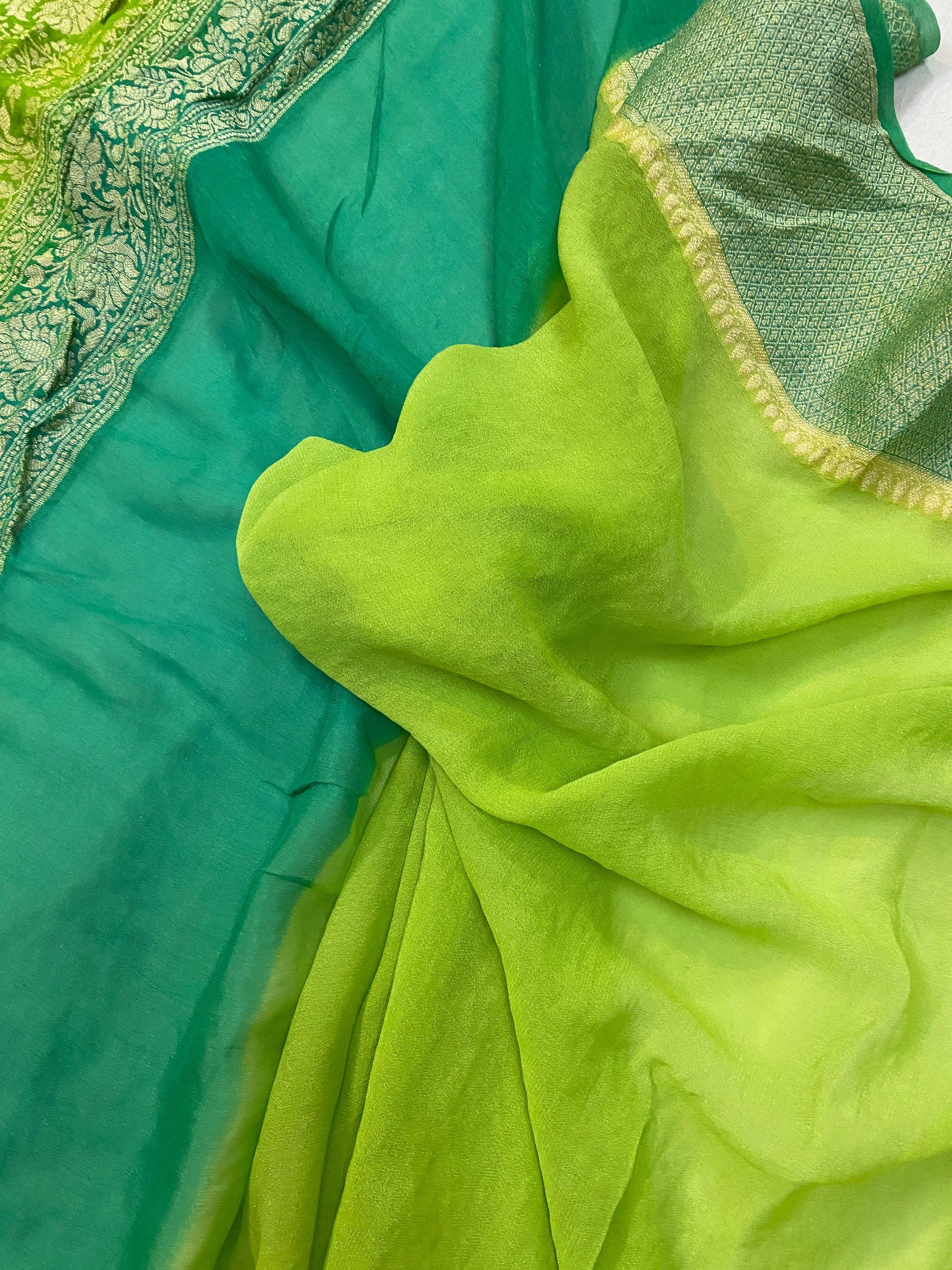 Green Pure Banarasi Khaddi Georgette Handloom Saree - Rangkaat by Shades Of Benares - banarasi - banarasi saree shop