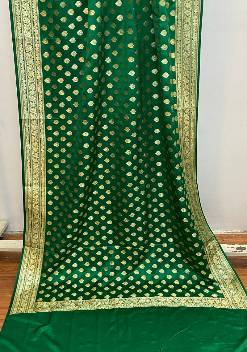 Green Pure Banarasi Satin Silk Handloom Dupatta by Shades Of Benares - banarasi - banarasi saree shop