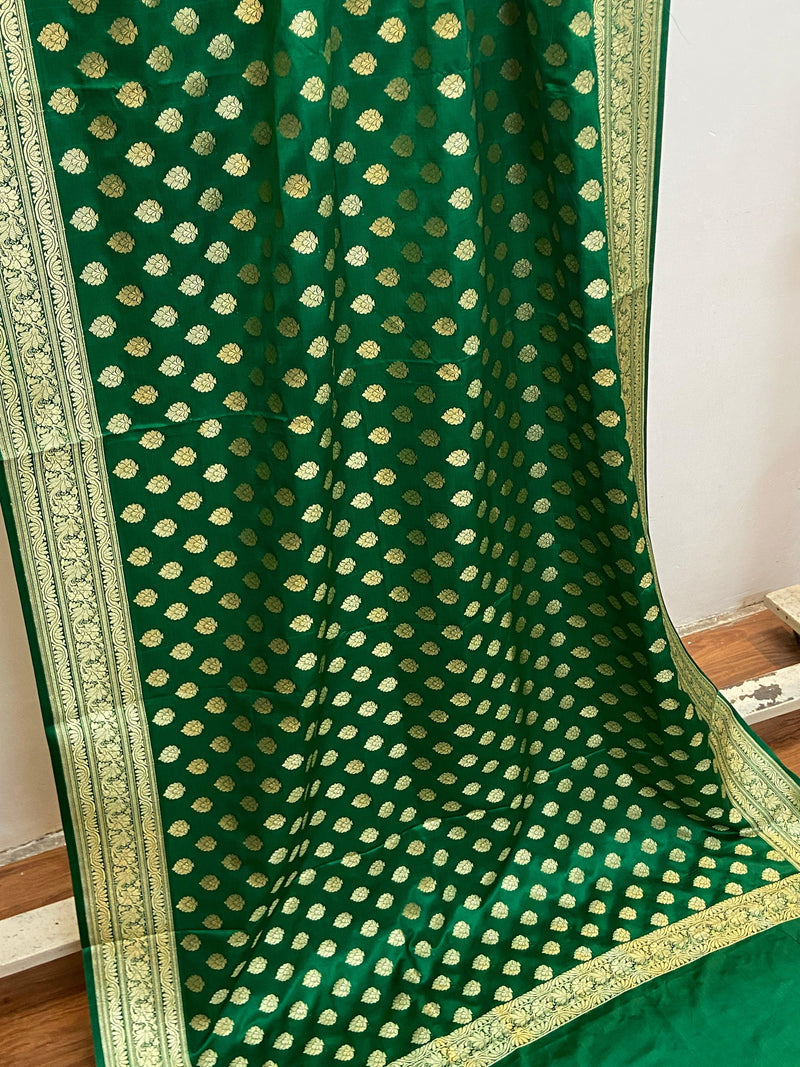 Green Pure Banarasi Satin Silk Handloom Dupatta by Shades Of Benares - banarasi - banarasi saree shop