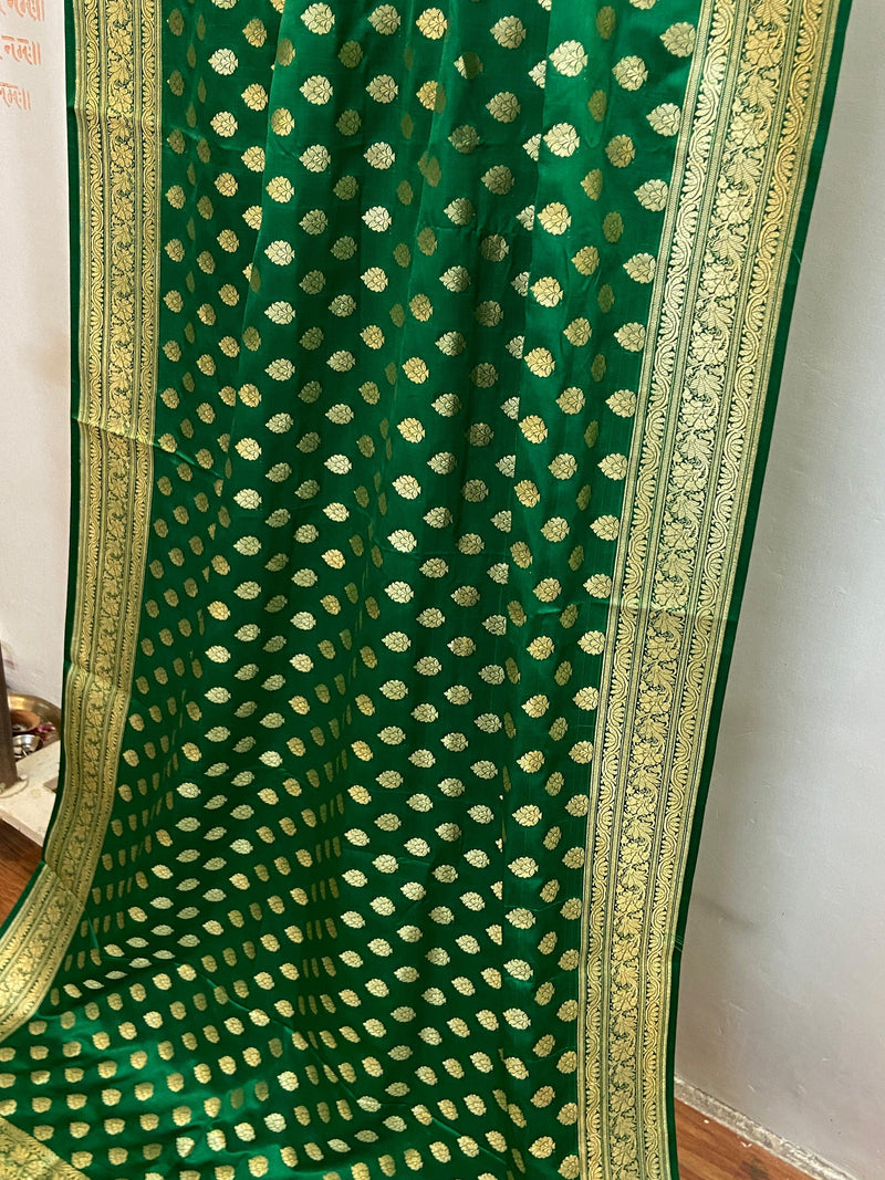 Green Pure Banarasi Satin Silk Handloom Dupatta by Shades Of Benares - banarasi - banarasi saree shop