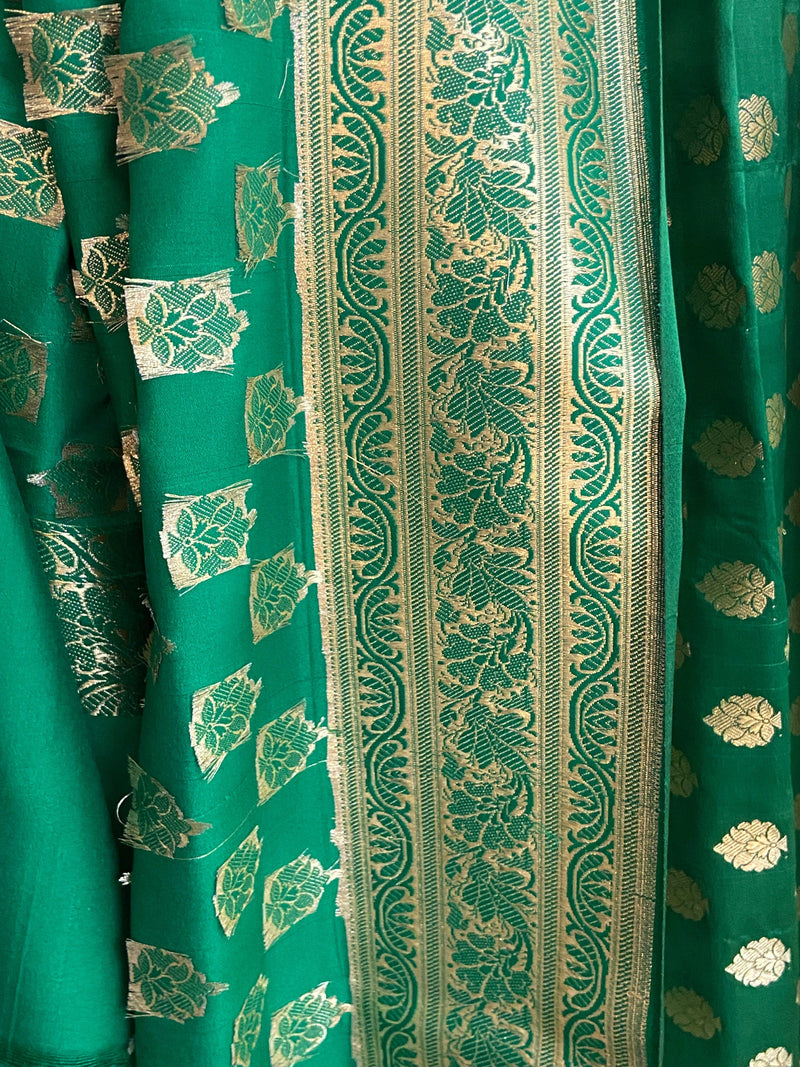 Green Pure Banarasi Satin Silk Handloom Dupatta by Shades Of Benares - banarasi - banarasi saree shop