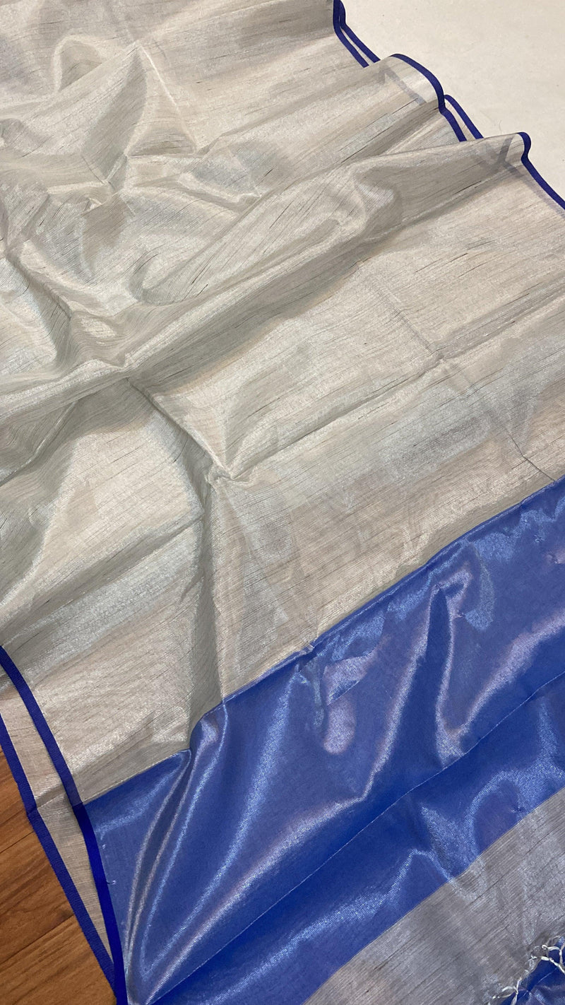 Grey & Blue Pure Banarasi Linen Tissue Handloom Saree - Shades Of Benares