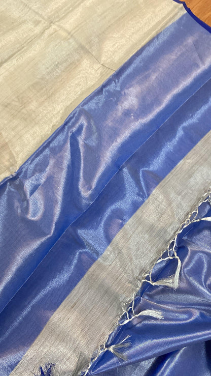 Grey & Blue Pure Banarasi Linen Tissue Handloom Saree by Shades Of Benares - banarasi - banarasi saree shop