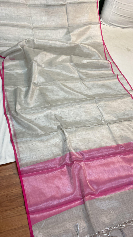 Grey & Pink Pure Banarasi Linen Tissue Handloom Saree by Shades Of Benares - banarasi - banarasi saree shop