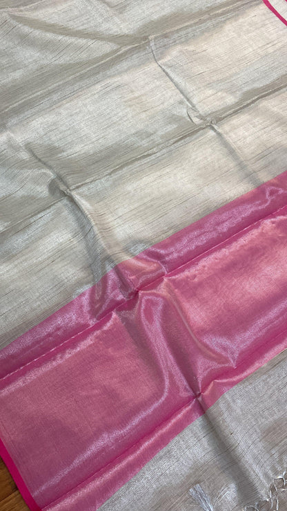 Grey & Pink Pure Banarasi Linen Tissue Handloom Saree by Shades Of Benares - banarasi - banarasi saree shop