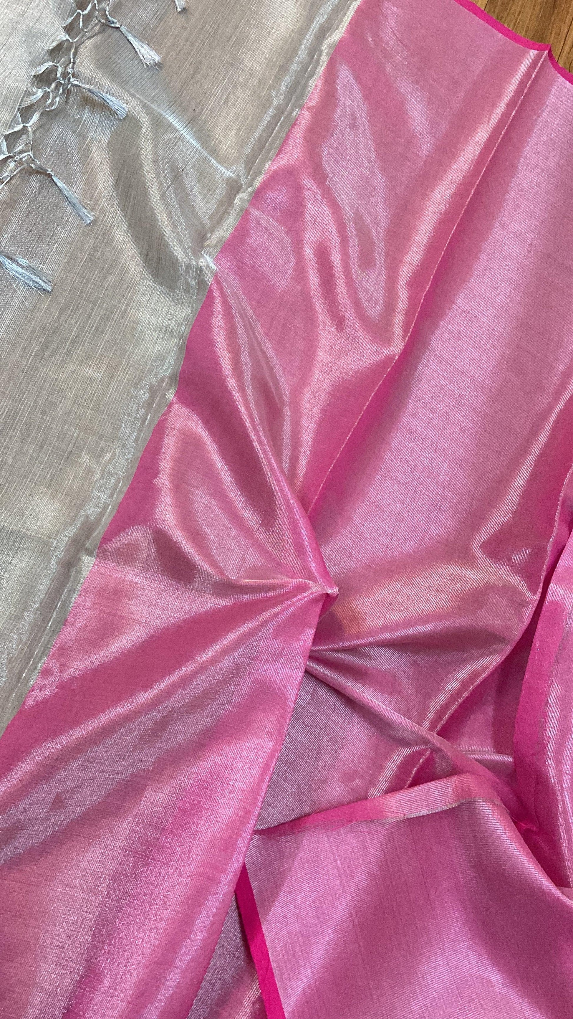 Grey & Pink Pure Banarasi Linen Tissue Handloom Saree by Shades Of Benares - banarasi - banarasi saree shop