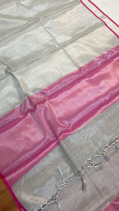 Grey & Pink Pure Banarasi Linen Tissue Handloom Saree by Shades Of Benares - banarasi - banarasi saree shop