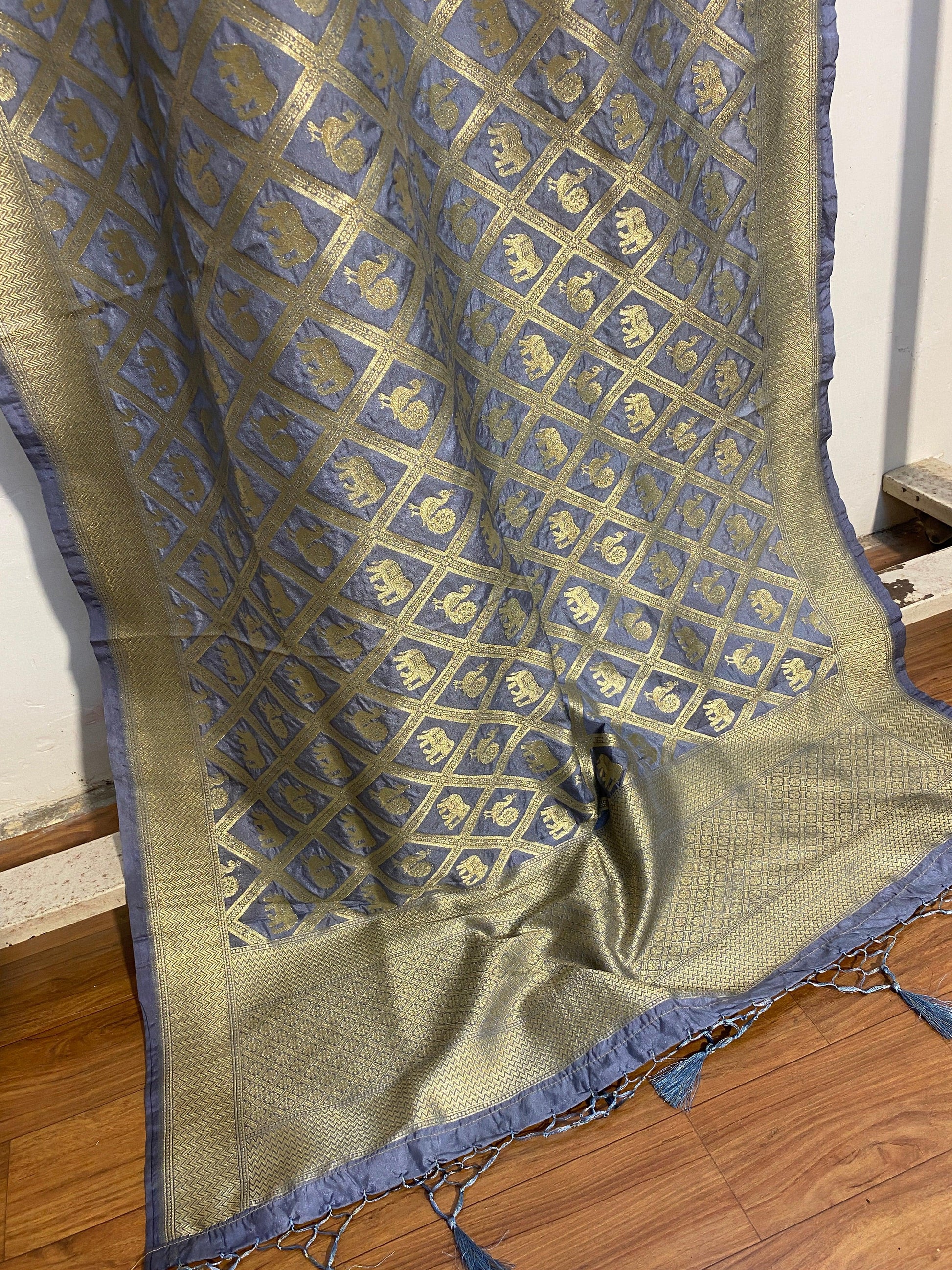 Grey Handloom Katan Silk Banarasi Dupatta by Shades Of Benares - banarasi - banarasi saree shop