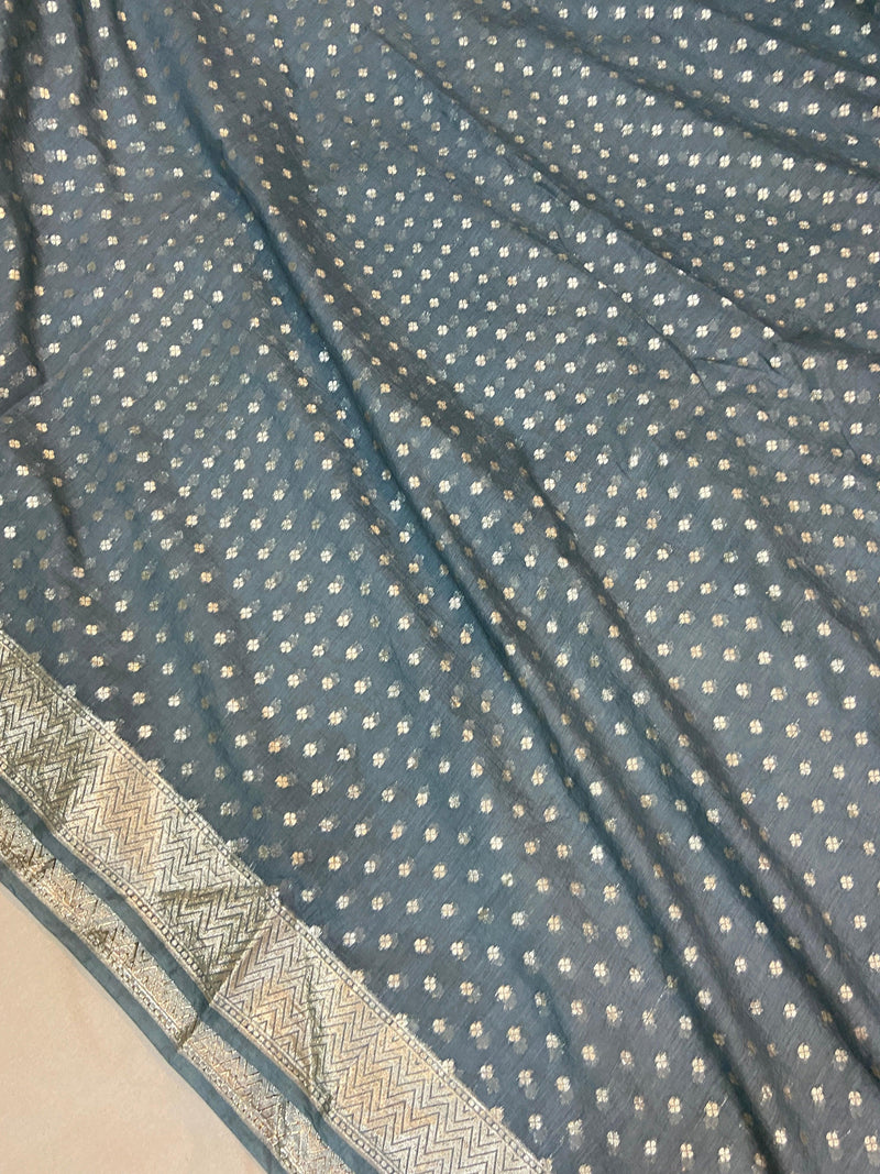 Grey Pure Banarasi Cotton Silk Handloom Saree With Blouse Piece by Shades Of Benares - banarasi - banarasi saree shop