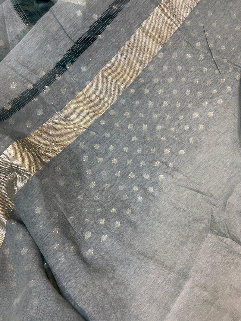 Grey Pure Banarasi Cotton Silk Handloom Saree With Blouse Piece by Shades Of Benares - banarasi - banarasi saree shop