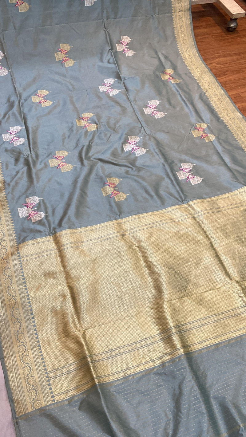 Grey Pure Banarasi Katan Silk Handloom Saree- Kadhwa Figures by Shades Of Benares - banarasi - banarasi saree shop