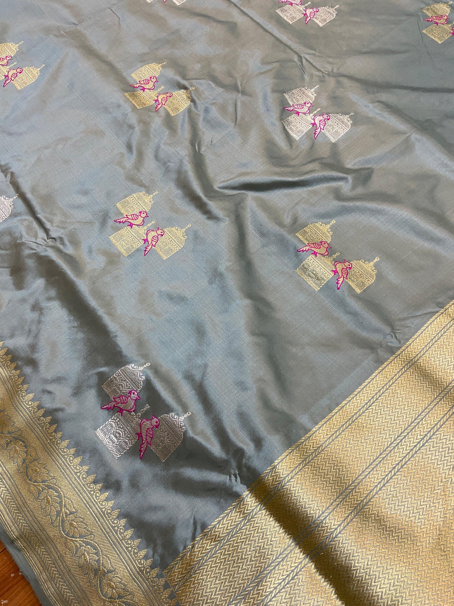 Grey Pure Banarasi Katan Silk Handloom Saree- Kadhwa Figures by Shades Of Benares - banarasi - banarasi saree shop