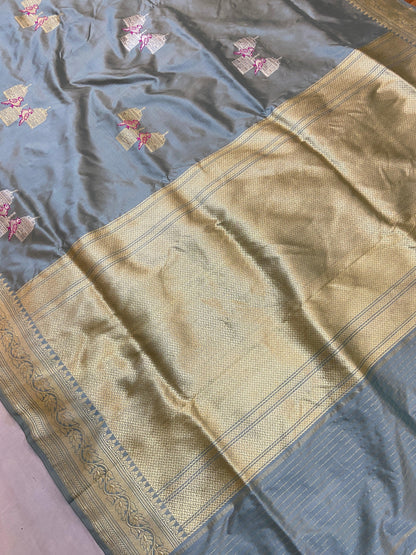 Grey Pure Banarasi Katan Silk Handloom Saree- Kadhwa Figures by Shades Of Benares - banarasi - banarasi saree shop