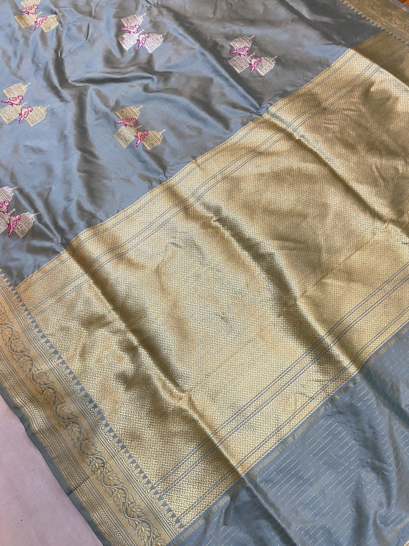 Grey Pure Banarasi Katan Silk Handloom Saree- Kadhwa Figures by Shades Of Benares - banarasi - banarasi saree shop