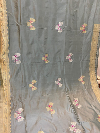 Grey Pure Banarasi Katan Silk Handloom Saree- Kadhwa Figures by Shades Of Benares - banarasi - banarasi saree shop