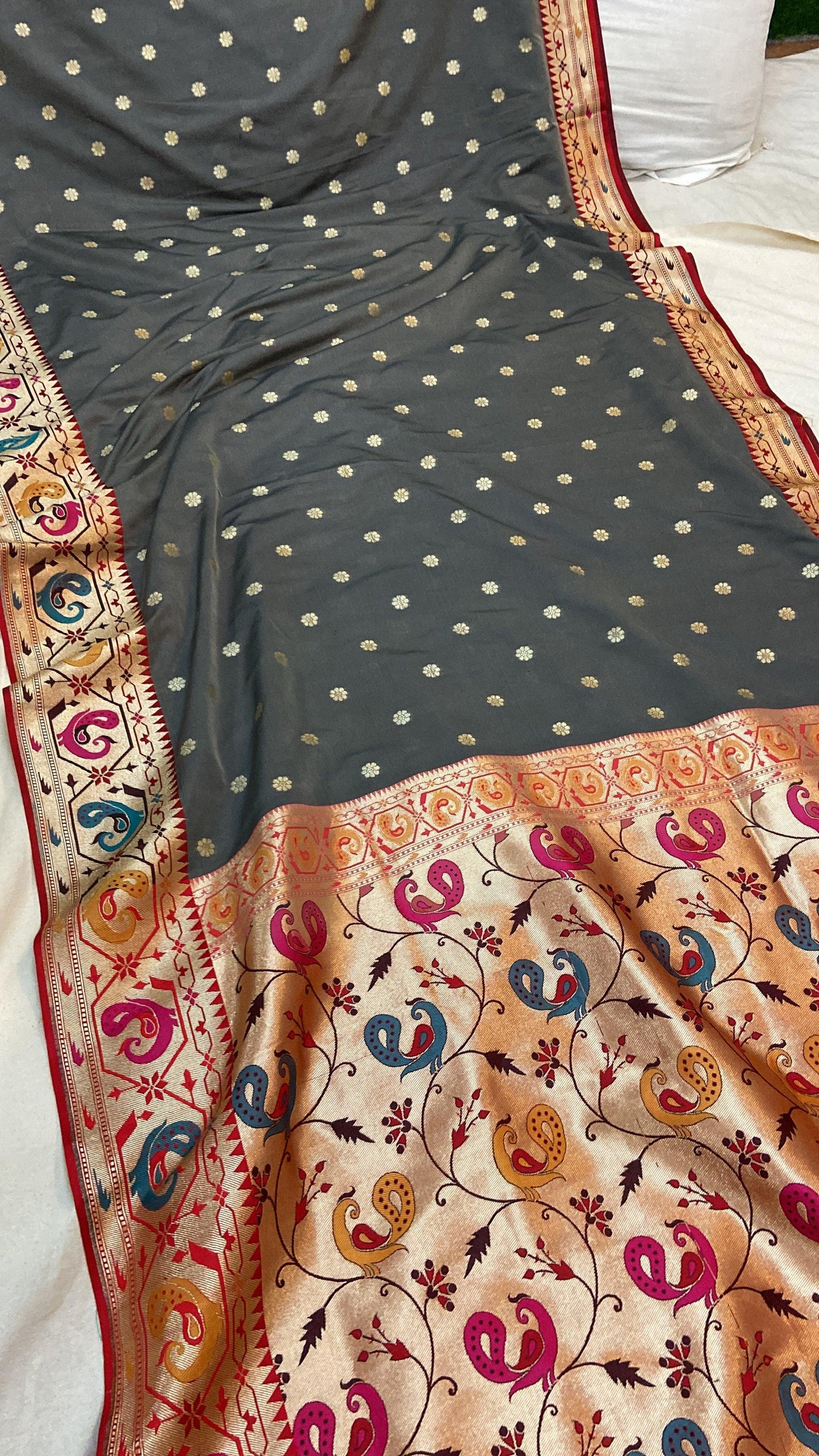 Grey Pure Banarasi Katan Silk Handloom Saree- Paithani by Shades Of Benares - banarasi - banarasi saree shop