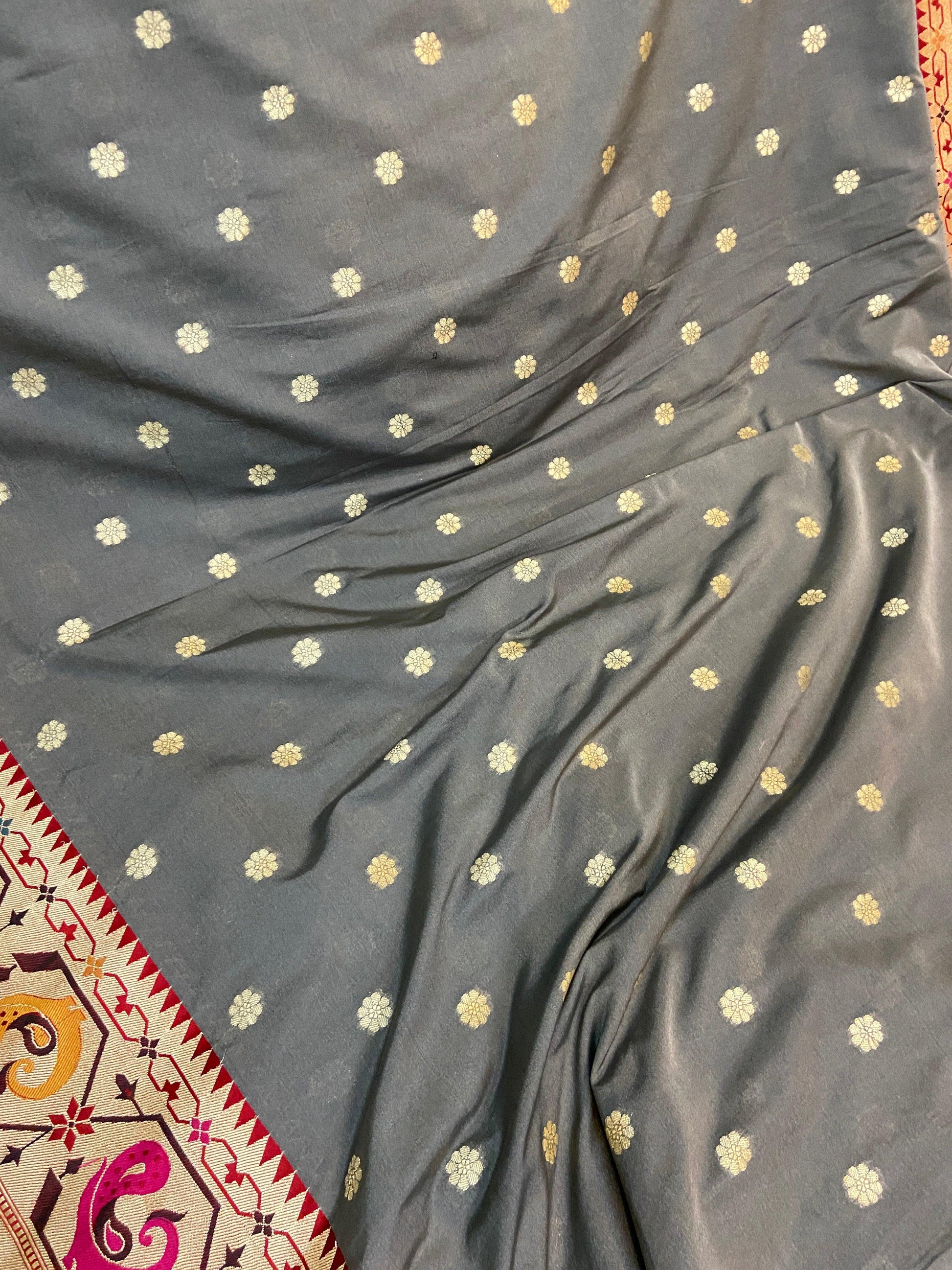 Grey Pure Banarasi Katan Silk Handloom Saree- Paithani by Shades Of Benares - banarasi - banarasi saree shop