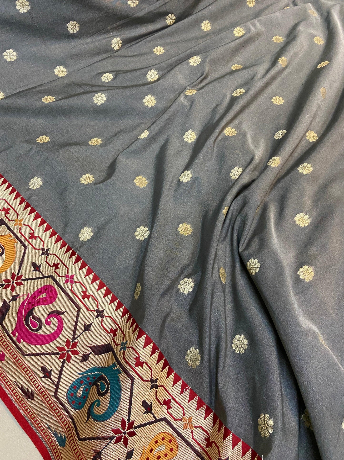 Grey Pure Banarasi Katan Silk Handloom Saree- Paithani by Shades Of Benares - banarasi - banarasi saree shop