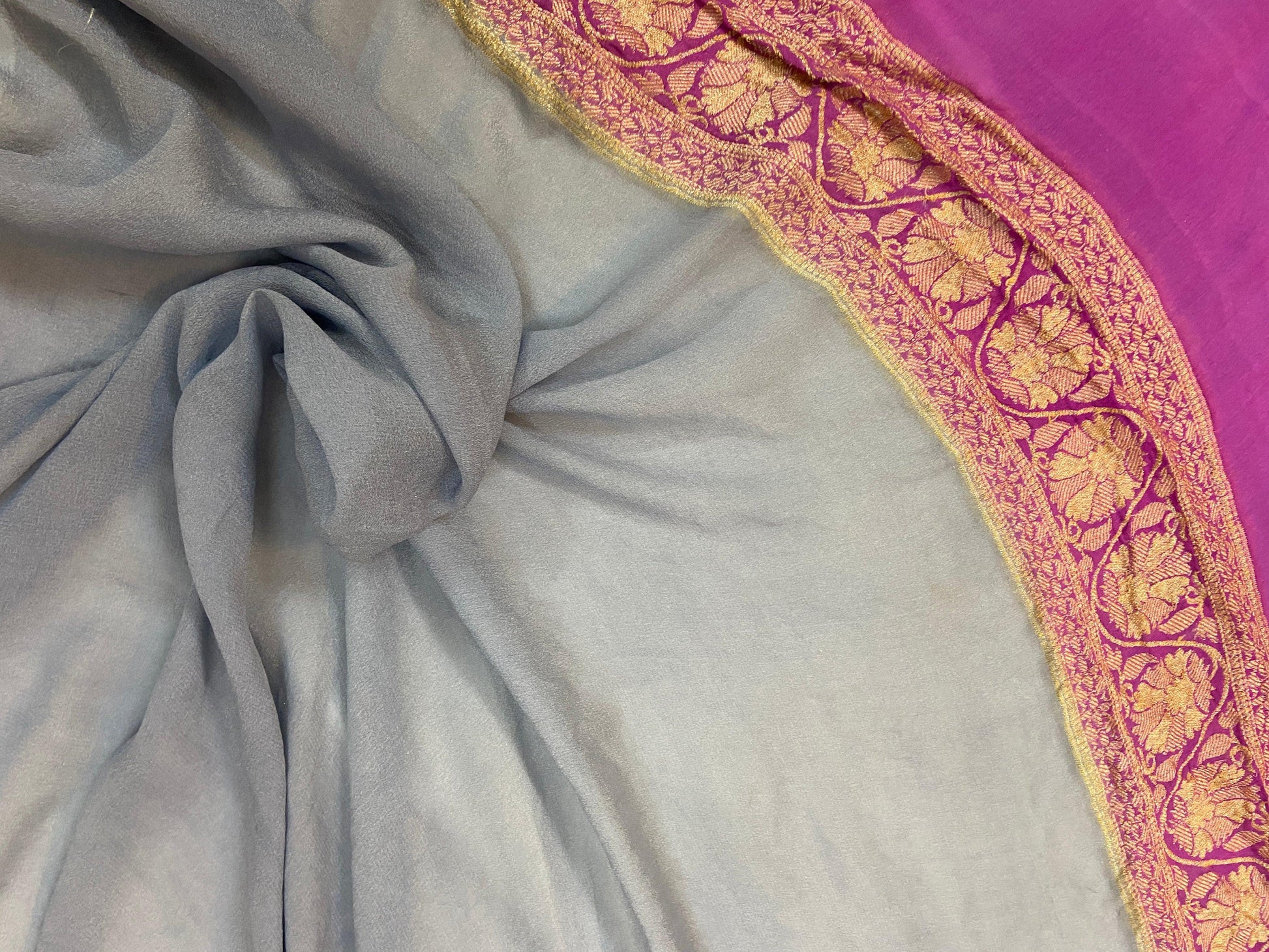 Greyish Blue Pure Banarasi Khaddi Georgette Handloom Saree - Rangkaat by Shades Of Benares - banarasi - banarasi saree shop