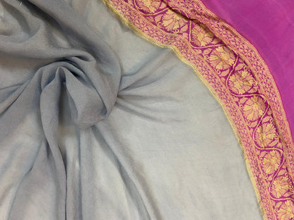 Greyish Blue Pure Banarasi Khaddi Georgette Handloom Saree - Rangkaat by Shades Of Benares - banarasi - banarasi saree shop