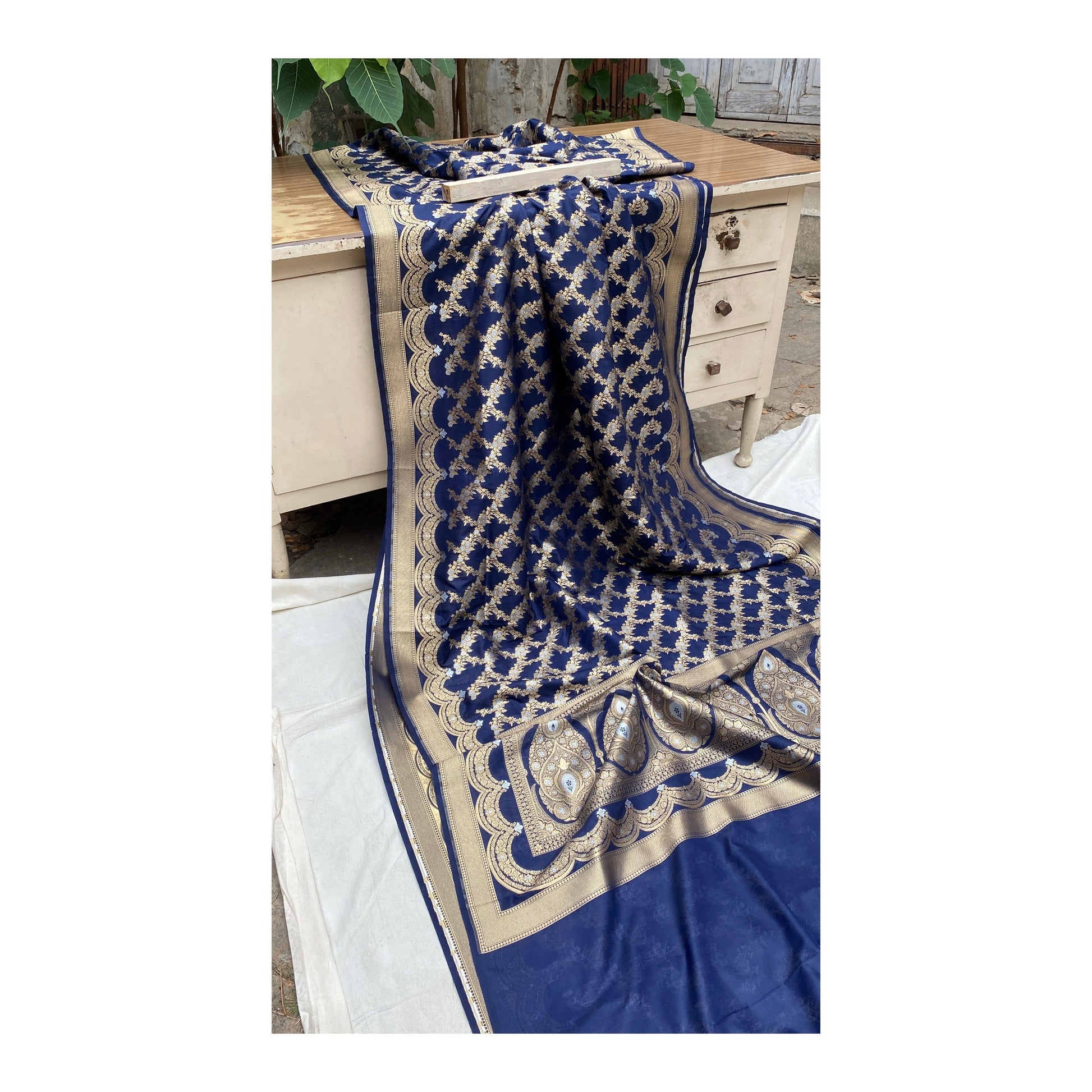 Handwoven Blue Banarasi Katan Silk Sari by Shades Of Benares - banarasi - banarasi saree shop