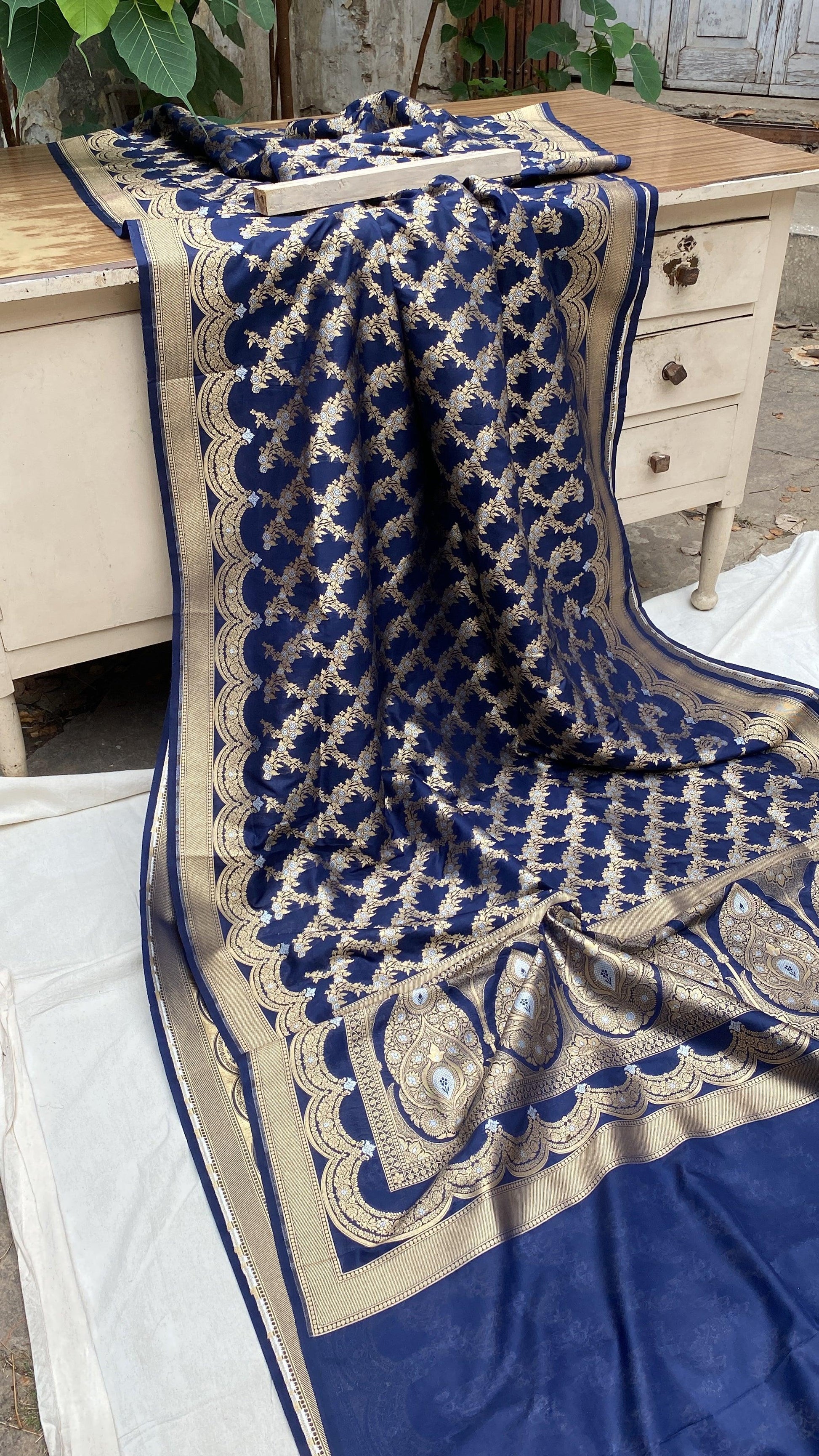 Handwoven Blue Banarasi Katan Silk Sari by Shades Of Benares - banarasi - banarasi saree shop