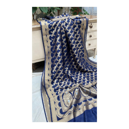 Handwoven Blue Banarasi Katan Silk Sari by Shades Of Benares - banarasi - banarasi saree shop