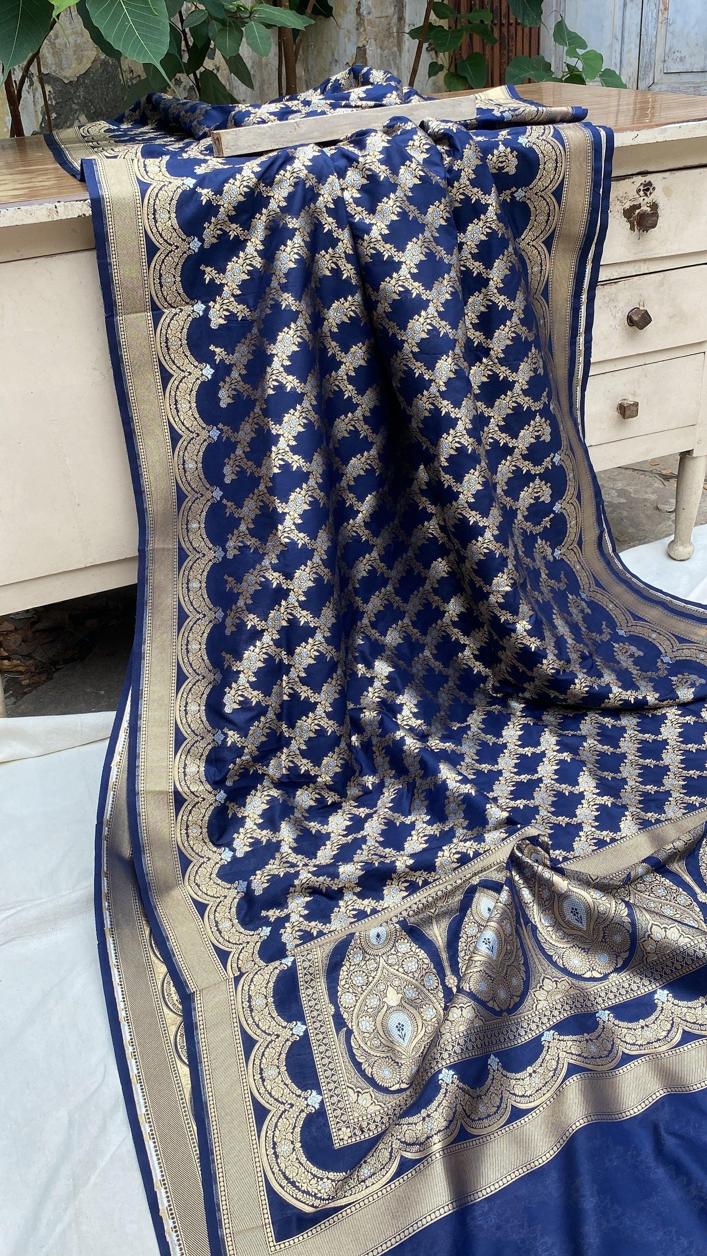 Handwoven Blue Banarasi Katan Silk Sari by Shades Of Benares - banarasi - banarasi saree shop