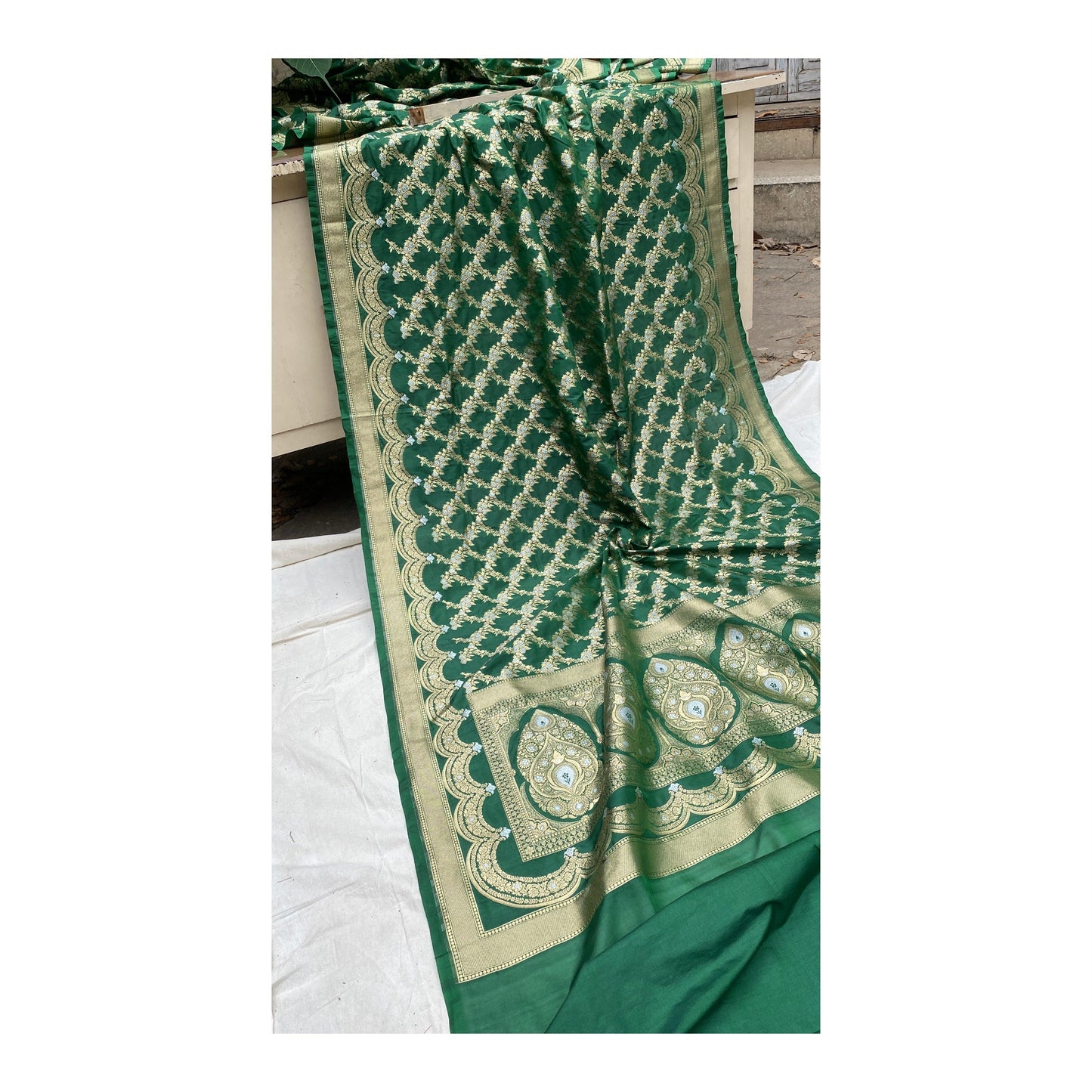 Handwoven Bottle Green Banarasi Katan Silk Sari by Shades Of Benares - banarasi - banarasi saree shop