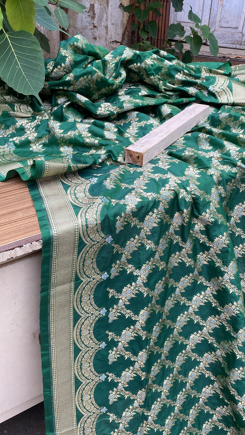 Handwoven Bottle Green Banarasi Katan Silk Sari by Shades Of Benares - banarasi - banarasi saree shop