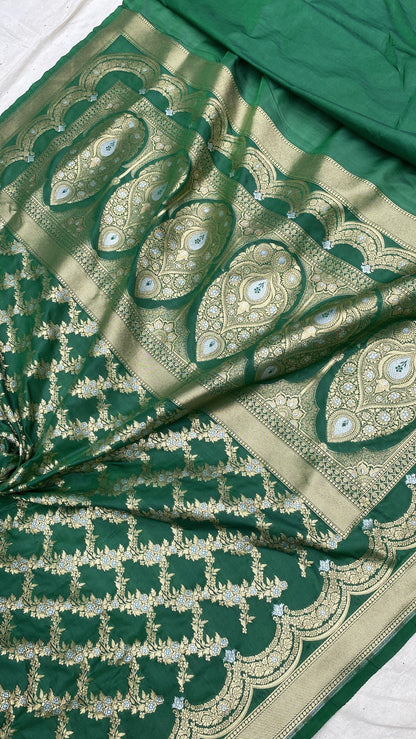 Handwoven Bottle Green Banarasi Katan Silk Sari by Shades Of Benares - banarasi - banarasi saree shop