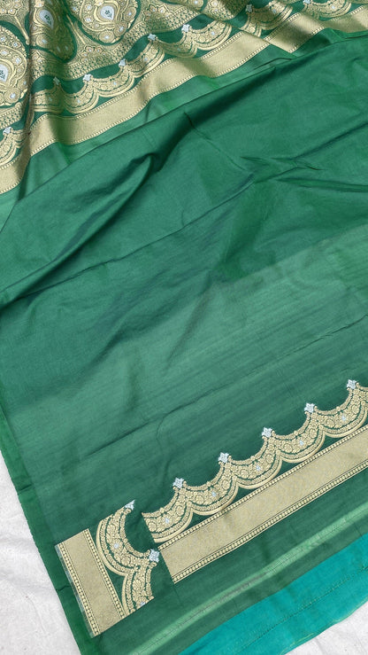 Handwoven Bottle Green Banarasi Katan Silk Sari by Shades Of Benares - banarasi - banarasi saree shop