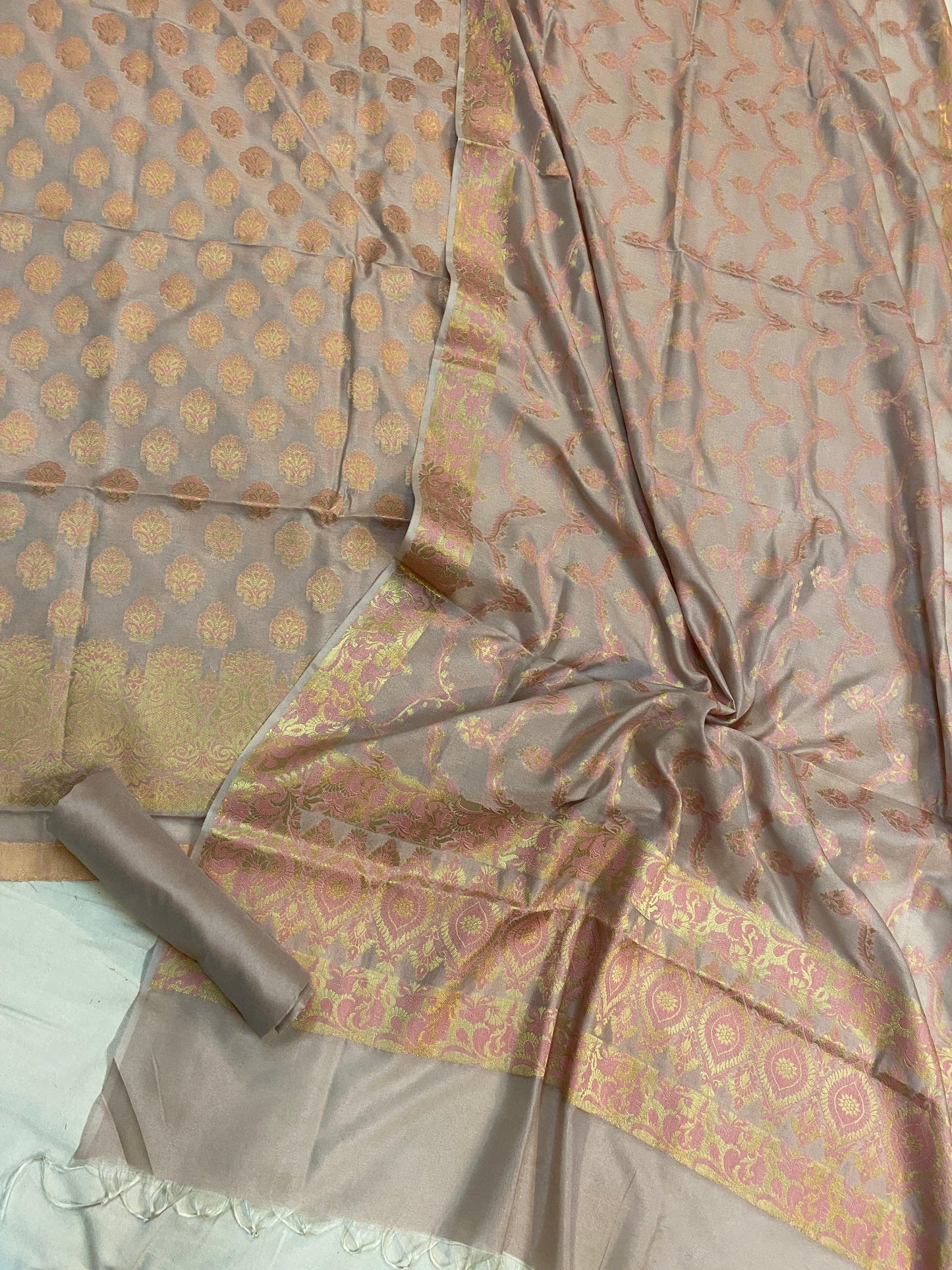 Handwoven Green Cotton Silk 3 pcs Dress Material Creme by Shades Of Benares - banarasi - banarasi saree shop