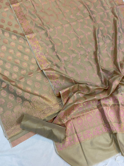 Handwoven Green Cotton Silk 3 pcs Dress Material Pista Green by Shades Of Benares - banarasi - banarasi saree shop