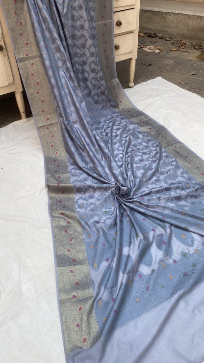 Handwoven Grey Banarasi Silk Sari by Shades Of Benares - banarasi - banarasi saree shop