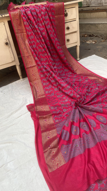 Handwoven Strawberry Pink Banarasi Silk Sari by Shades Of Benares - banarasi - banarasi saree shop