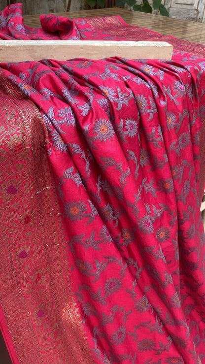 Handwoven Strawberry Pink Banarasi Silk Sari by Shades Of Benares - banarasi - banarasi saree shop