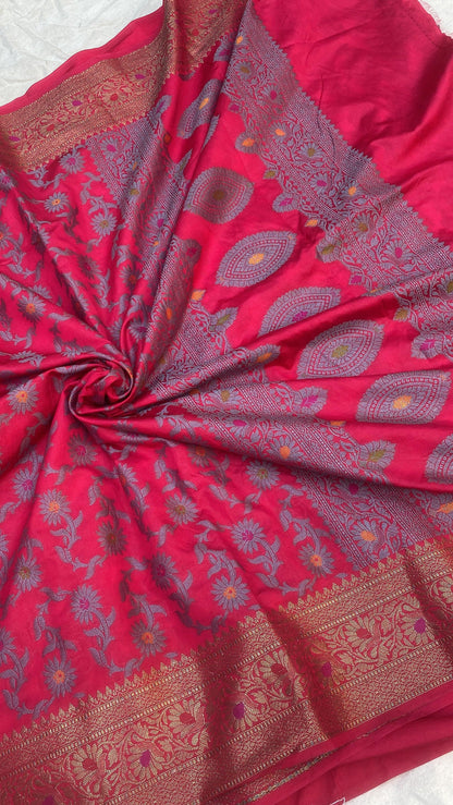 Handwoven Strawberry Pink Banarasi Silk Sari by Shades Of Benares - banarasi - banarasi saree shop